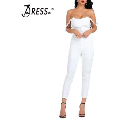 INDRESSME 2019 New Fashion Sexy Women Lace Strap Off The Shoulder Square Neck Bodycon Jumpsuit Party Club Office Lady Jumpsuit