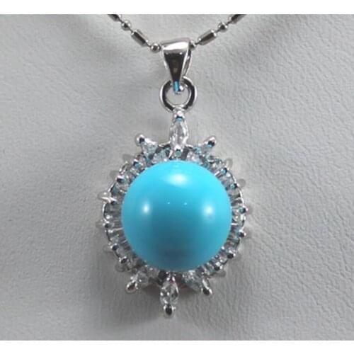 Womens fashion silver plated metal inlaid white zircon round Accessories + blue round shell pearl Pendant Necklace
