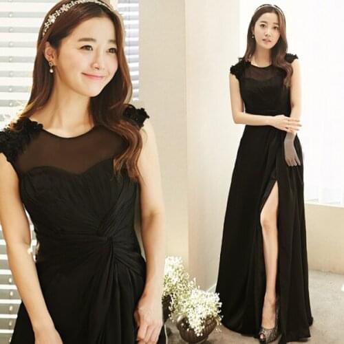 New design sexy black chiffon 2015 cap sleeve flowers long prom gown vestido de festa longo robe de soiree bridesmaid dresses