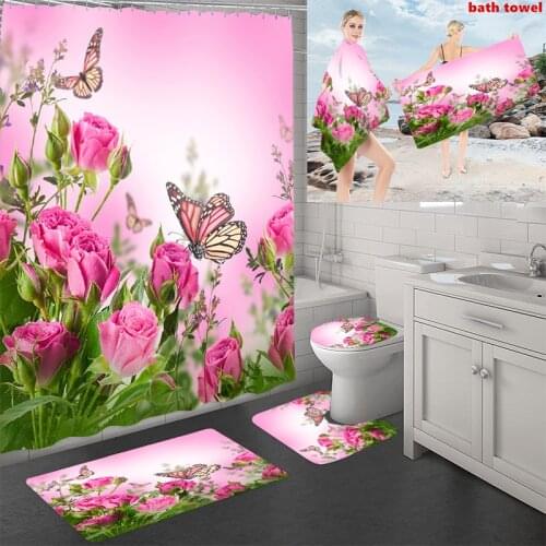 5PCS/Set Shower Curtain with Bath Towel Printed Bathroom Non-Slip Mat Rug Toilet Cover Soft Water Absorbing Beach Towel Blanket