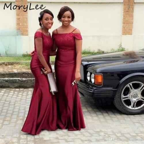 Burgundy Bridesmaid Dresses Off The Shouder Spaghetti Zipper Back Floor Length Mermaid Satin Wedding Party Bridemaid Dresses