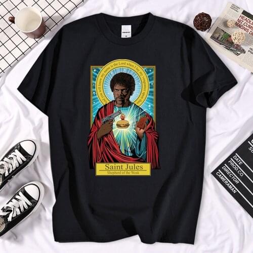 TV Show Pulp Fiction Saint Mia Saint Jules T Shirt Catholicism Clothing Pulp Casual Brand Hip Hop Tshirt Harajuku Men Tee Shirt