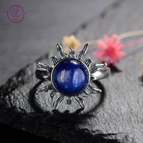 New Sun Shape Sterling Silver 925 Ring Natural Kyanite Ring for Women Men Luxury Finger Ring Party Gift Jewelry
