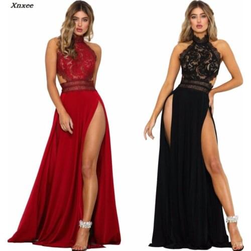 High Split Lace Sheer Long Party Dress Summer Sleeveless Backless Zipper A Line Maxi Dresses Women Vestido Longo Red Black Xnxee
