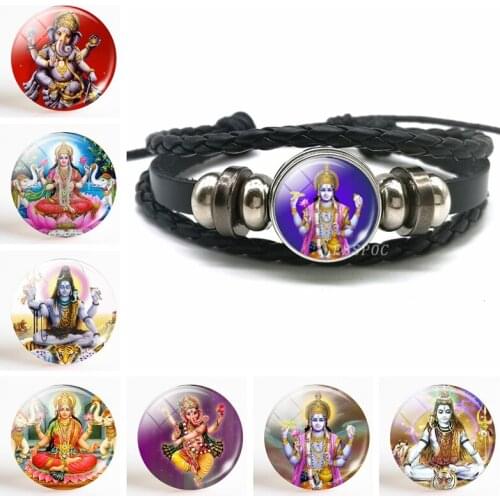 Lakshmi Goddess Button Leather Bracelet Jewelry Lakshmi Hinduism Amulet Charm Luminous Glass Cabochon Pendant for Him or Her