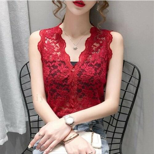 Summer Lace Sheer See-through Sleeveless Women Sexy V Neck Shirt Blouse Tank Top