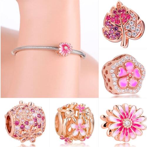 Hot Sale Charms 925 sterling silver Rose Gold Daisy DIY Beads fit original Sliver 925 Charms for Bracelet DIY Women Jewelry Gift