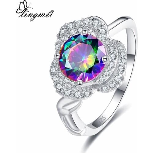 Lingmei Cluster Exquisite Fashion Jewelry Round Cut Rainbow & White Cubic Zirconia Silver Color Ring Size 6-910 11 12