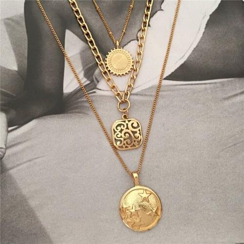 Trendy Gold Color Plating Round Square Pendant Three Layer Necklace For Women Girl Bohemia Elegant Dainty Boho Jewelry