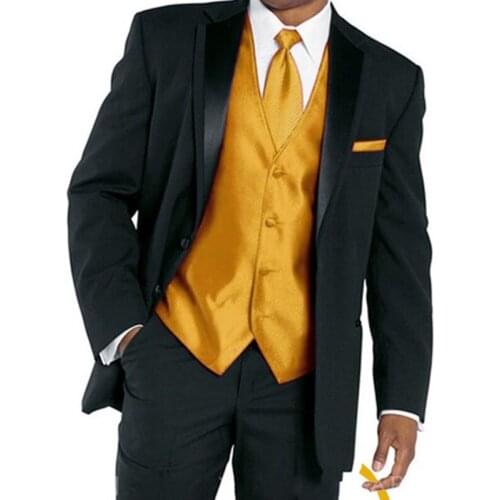 Fashion New High Quality Black Jacket With Yellow Vest Slim Fit Groom Tuxedo For Wedding Leisure Party Suits (Jacket+Pants+Vest)