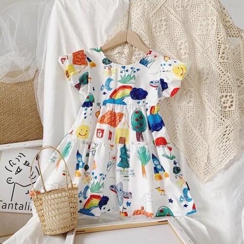 Girls Dress Summer New Style Puff Sleeve Graffiti Cartoon Childrens Wear Girl Dress