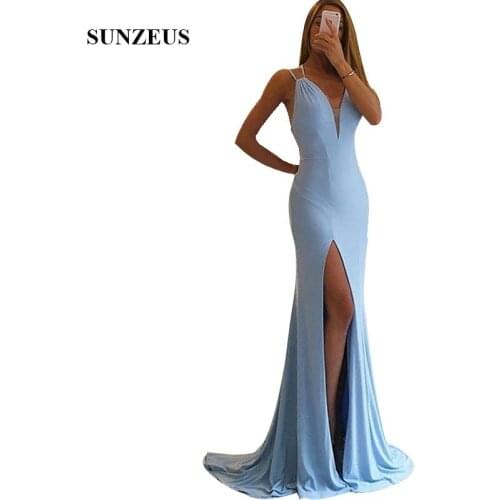 Sheath Long Blue Bridesmaids Wedding Party Dresses Simple Spaghetti Straps Backless Side Slit Women Dress abito damigella d'onor