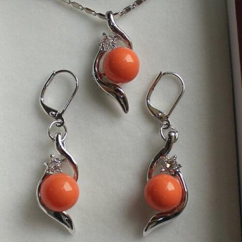 Real Womens Wedding perfect match beautiful jewelry set 10mm orange shell pearl pendant -jewelry