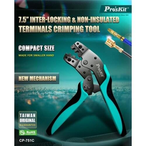 Proskit CP-751C AISI 4140 alloy steel crimping pliers 7.5 inch interlocking non-insulated terminal crimping tool for AWG DIN JIS