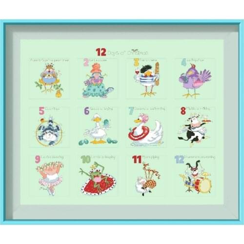 12 days of Christmas cross stitch kits cartoon pattern design 18ct 14ct 11ct light green canvas embroidery DIY needlework