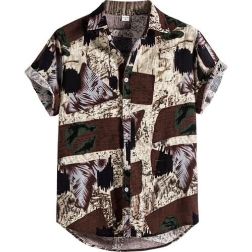 Men Shirts Long Sleeve Vintage Ethnic Printing Short Sleeve Casual Hawaiian Shirt Cotton Linen Turn Down Collar Chemise Camisa