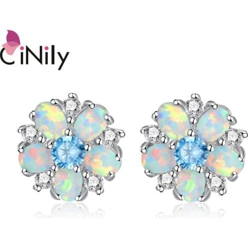 CiNily White Fire Opal Stud Earrings Zircon Silver Plated Women Jewelry Large Hoop Flower Stud Earrings OH4647-49