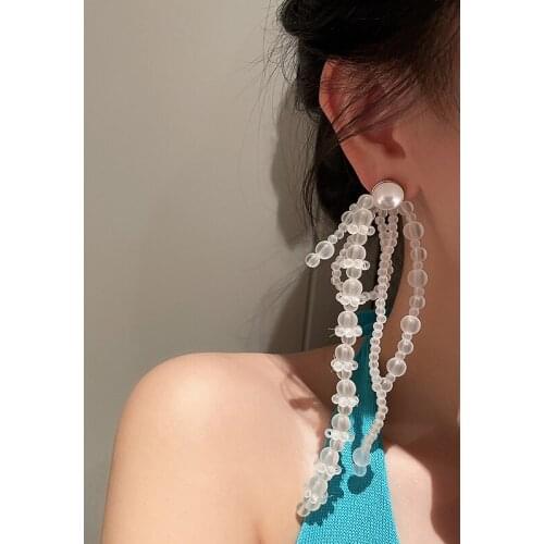 925 Silver Needle Opal Glass Beaded Earrings Super Fairy Exaggerated Tassel Long Earrings Summer Holiday Style French Earrings