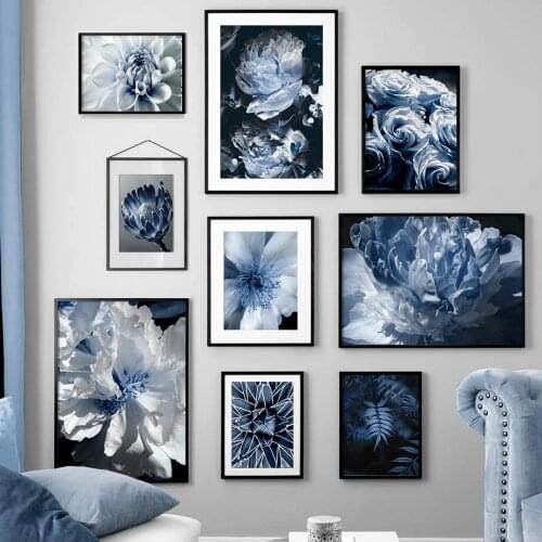 Nordic Blue White Flower Rose Fern Leaf Plant Canvas Painting Posters And Prints Wall Art Pictures For Living Room Decor