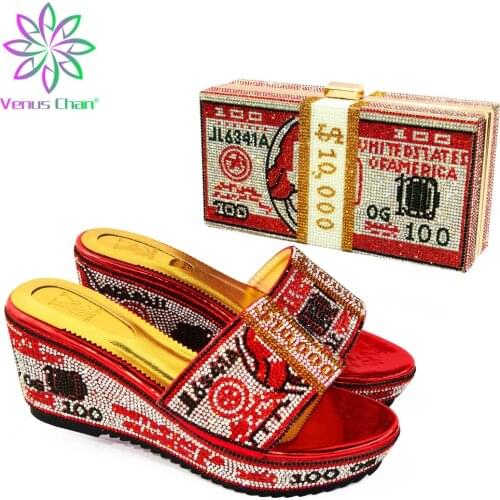 Evening Shoes and Bag Set Italian Shoes with Matching Bags 2020 Gold Color Nigerian Women Party Pumps High Heels Crystal Shoes
