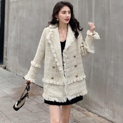 Female New Korean Loose Striped Notched Double Breasted Jacket Suit Fragrance Tassel Design Tweed Outerwear Streetwear