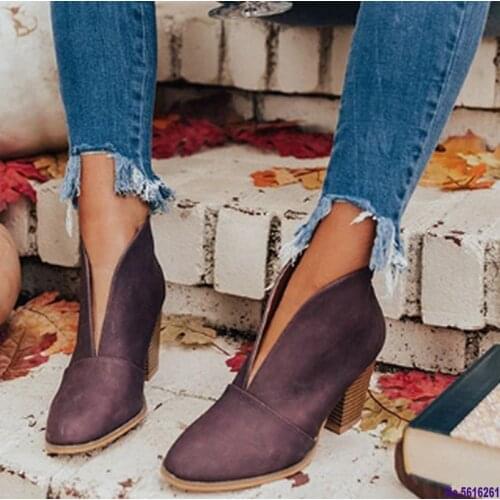 2020 New Winter Women Boots V Cutout Ankle Boots Stacked Heel Booties Fahsion Chelsea Boots PU Botas Zapatos Mujer SIze 34-43