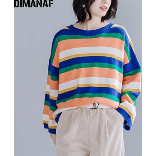 DIMANAF Oversize Women Sweater Knitted Pullover Lady Tops Rainbow Striped Long Sleeve Basic Casual Female Clothes Autumn Winter