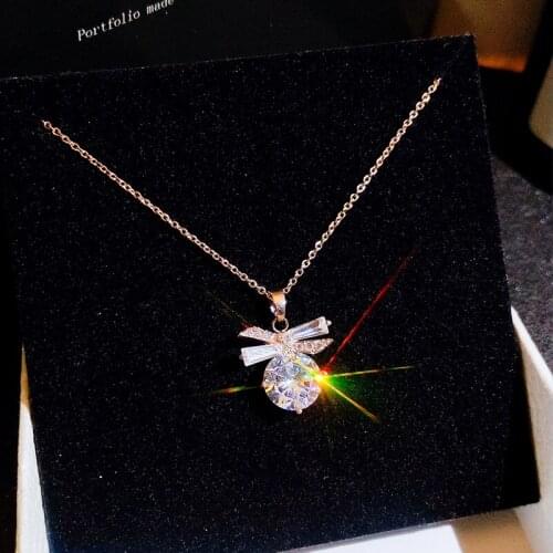 2021 Korea Fashion Silver Cute Bow Crystal Ladies Pendant Necklace Party Valentines Day Jewelry Accessories Butterfly Necklace