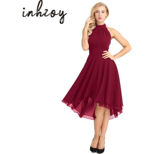 Womens Sleeveless Halter Chiffon Asymmetrical High and Low Homecoming Party Bridesmaid Dress