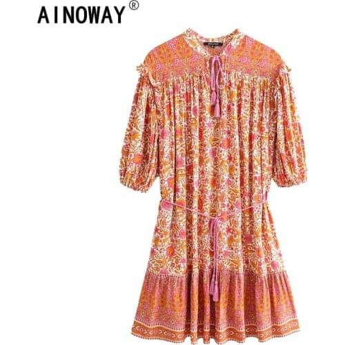 Vintage chic women Drawstring floral print beach Bohemian loose mini dress Ladies v-neck half sleeve tassel Boho dress vestidos