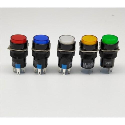 16mm DC 6V 12V 24V 220V LED Push Button Switch Blue Green Red Yellow White lamp Self lock / self reset push button