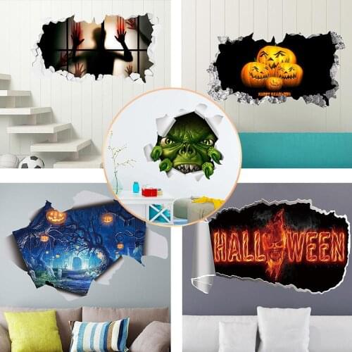 Halloween Horror 3D Wall Stickers Pumpkin Lamp Scary Green Ghost DIY Decals for Mall Shop Window Home Bedroom Decor