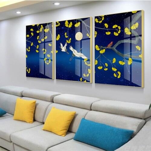 Abstract Yellow and Blue Canvas Art Modern Golden Birds Painting Poster Print For LivingRoom Aisle Entrance Fashion Wall