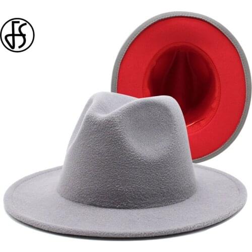 FS 61cm Gray Red Patchwork Wool Felt Jazz Fedora Hats For Women Unisex Wide Brim Panama Party Trilby Cowboy Cap Men Gentleman