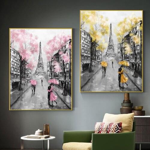 Lovers Under the Red Umbrella Canvas Oil Painting Wall Art Posters Prints Abstract Street Landscape Pictures Room Home Decor