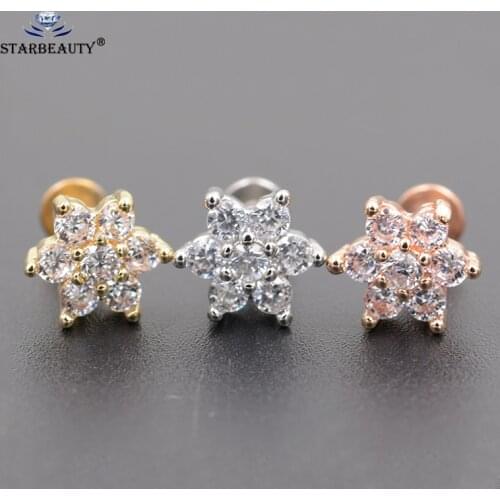1Pc Flower Zircon Lip ring piercing labret Tragus Ear Piercing Body Jewelry 1.2x6mm Rod surgical 316 Stainless Steel