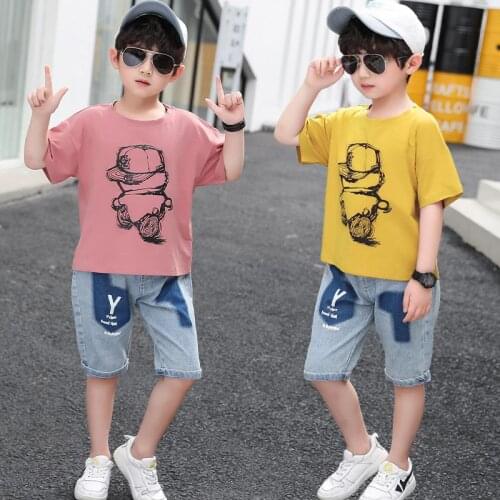 Boys Clothes Sets Summer Children Short Sleeve Cartoon T-Shirt+Denim Shorts for Boy Sports Suit Kids Clothing Outfits 3-14 Years