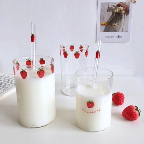 Strawberry Water Straw Cup 300ml Simple Transparent Glass Cup Cute Printing Heat-resistant Houshold Breakfast Milk Tea Cup