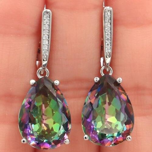 27x13mm SheCrown Hot Sell Drop Shape Fire Rainbow Mystic Topaz Gift For Ladies Womans Girls Silver Pendant Earrings