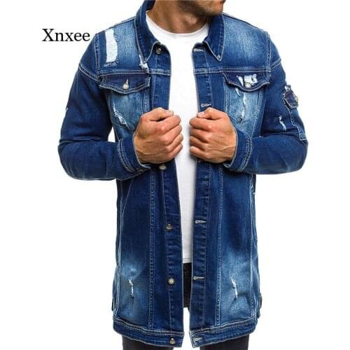 Mens Midi Denim Jacket Bomber Long Streetwear Vintage Biker Slim Fit Distressed Hole Ripped Cowboy Male Jean Jackets and Coat
