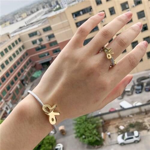 Gold Stainless Steel Bangle Ring Set Bow Tie Connector Frame Open Cuff For Men Women Elegant Wedding Gift Daily Jewelry