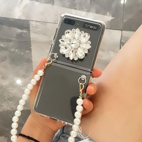 Portable Pearl Hand Chain Crystal Diamond Flower Stand Bracelet Case For Samsung Galaxy Z Flip 5G 3 Shockproof Clear Case Cover