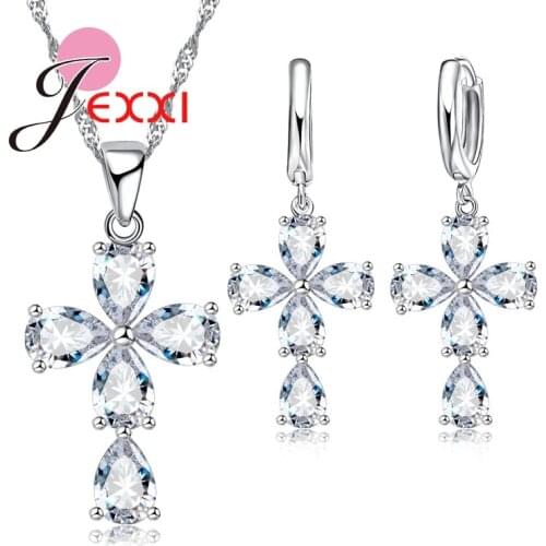 Luxury 925 Sterling Silver Cubic Zircon Cross Pendants Necklace Earrings Set For Women Wedding Engagement Accessory
