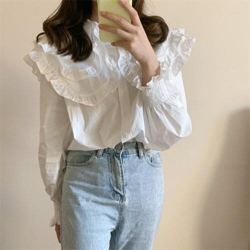 Alien Kitty 2020 Early Autumn Shirts Double-Layer Ruffle Collar Solid All Match Retro Petal Sleeves Loose Fashion Women Blouses
