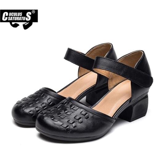 Manual-Genuine Leather Sandals Womens shoes High heel Casual-comfortable Sandals Brown Black Weave pattern upper Round head