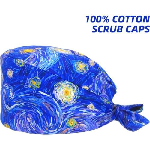 Beautiful Scrubs Cap Uniform Accessories Cotton Adjustable Beauty Shop Lab DentIst Working Nursing Hat Anime Printing Scrub Hats