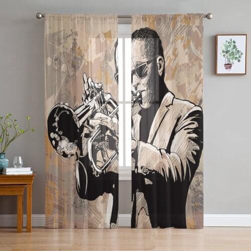 Jazz Man Performer Musician Tulle Curtains For Living Room Bedroom Transparent Tulle Curtains Window Drapes Sheer Curtain