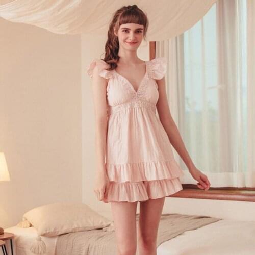 Vintage Cotton Pyjamas Women 2021 Summer Two-Piece Set Home Womens Clothing Ruffle Design Short Pajama Woman Sleeveless FG376