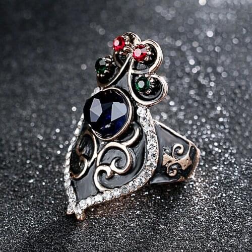 Wbmqda Luxury Natural Blue Stone Ring Antique Gold Black Enamel Vintage Look Rings For Women Brand Turkish Jewelry 2020 New
