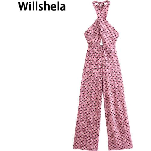 Willshela Women Fashion Printed Halter Jumpsuit Sleeveless Casual Chic Lady Romper one piece outfit Woman playsuit
